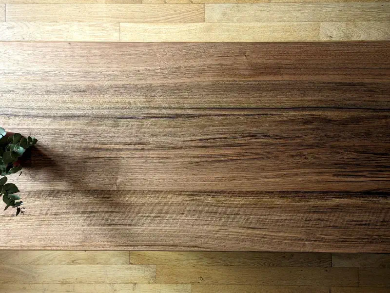 Plateau de la table basse vu du dessus : noyer massif aux veines sombres, angles arrondis